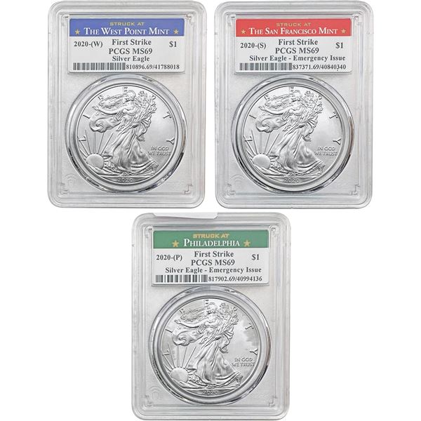 2020 P,W,S Silver Eagle Set [3 Coins] PCGS MS69