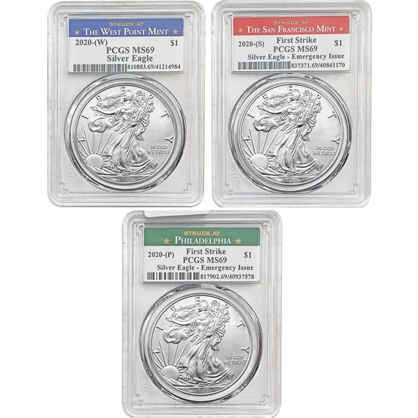 2020 P,W,S Silver Eagle Set [3 Coins] PCGS MS69