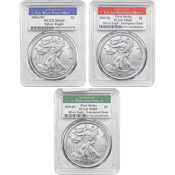 2020 P,W,S Silver Eagle Set [3 Coins] PCGS MS69