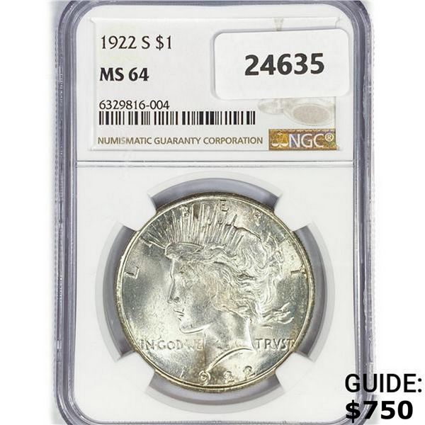 1922 Silver Peace Dollar NGC MS64