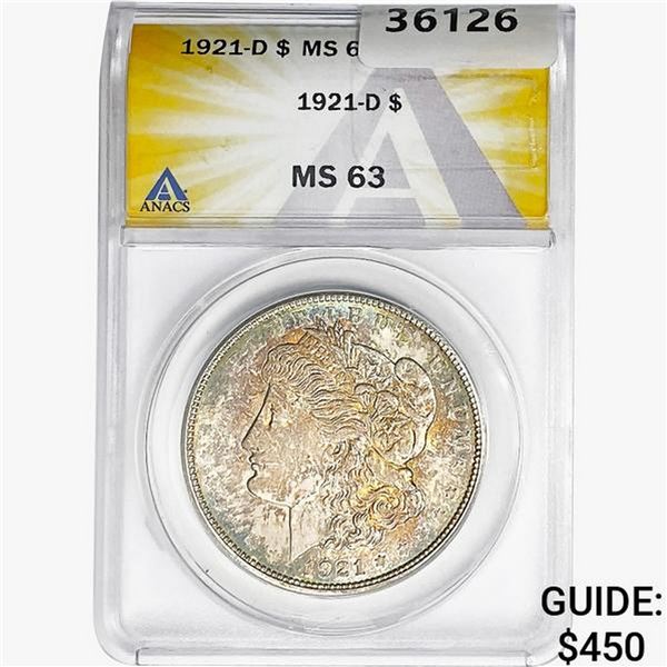 1921-D Morgan Silver Dollar ANACS MS63