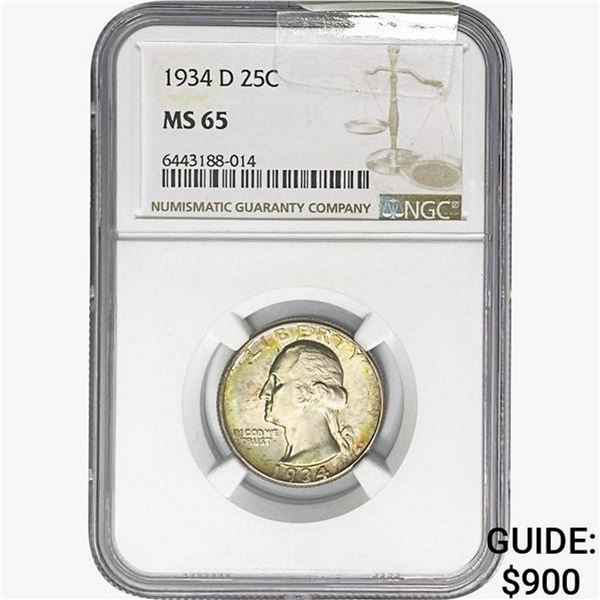 1934-D Washington Silver Quarter NGC MS65