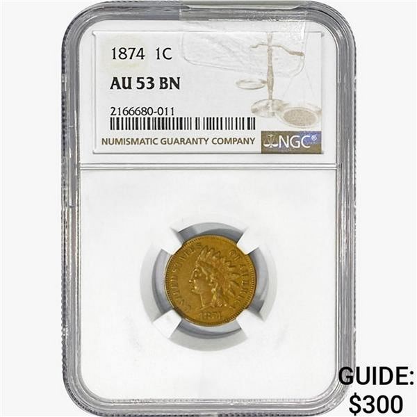 1874 BN Indian Head Cent NGC AU53