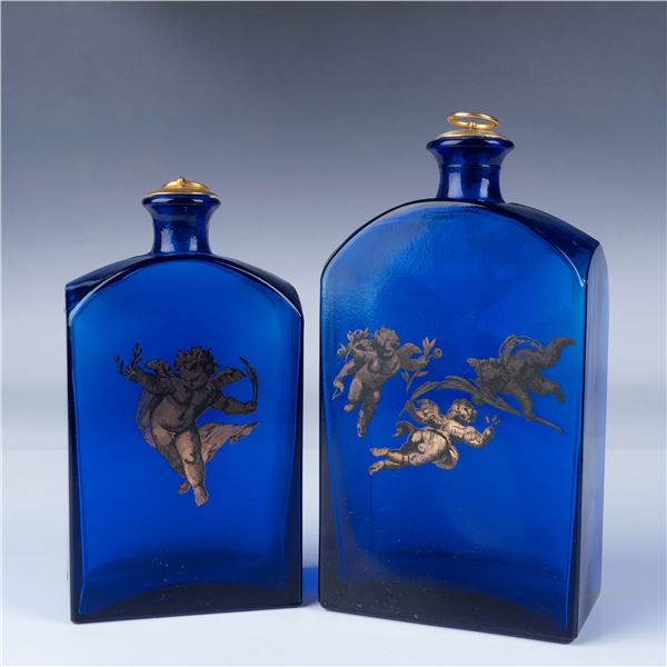 Pair of Cobalt Glass Decanters with Gilded Cherub Motifs