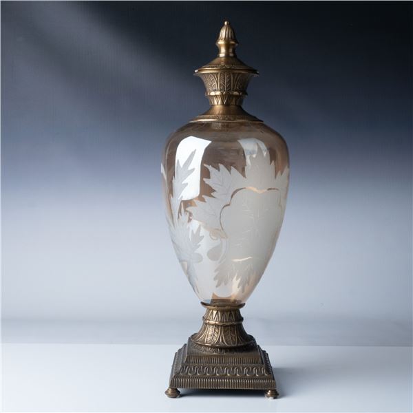 Etched Glass Urn with Brass Base and Lid