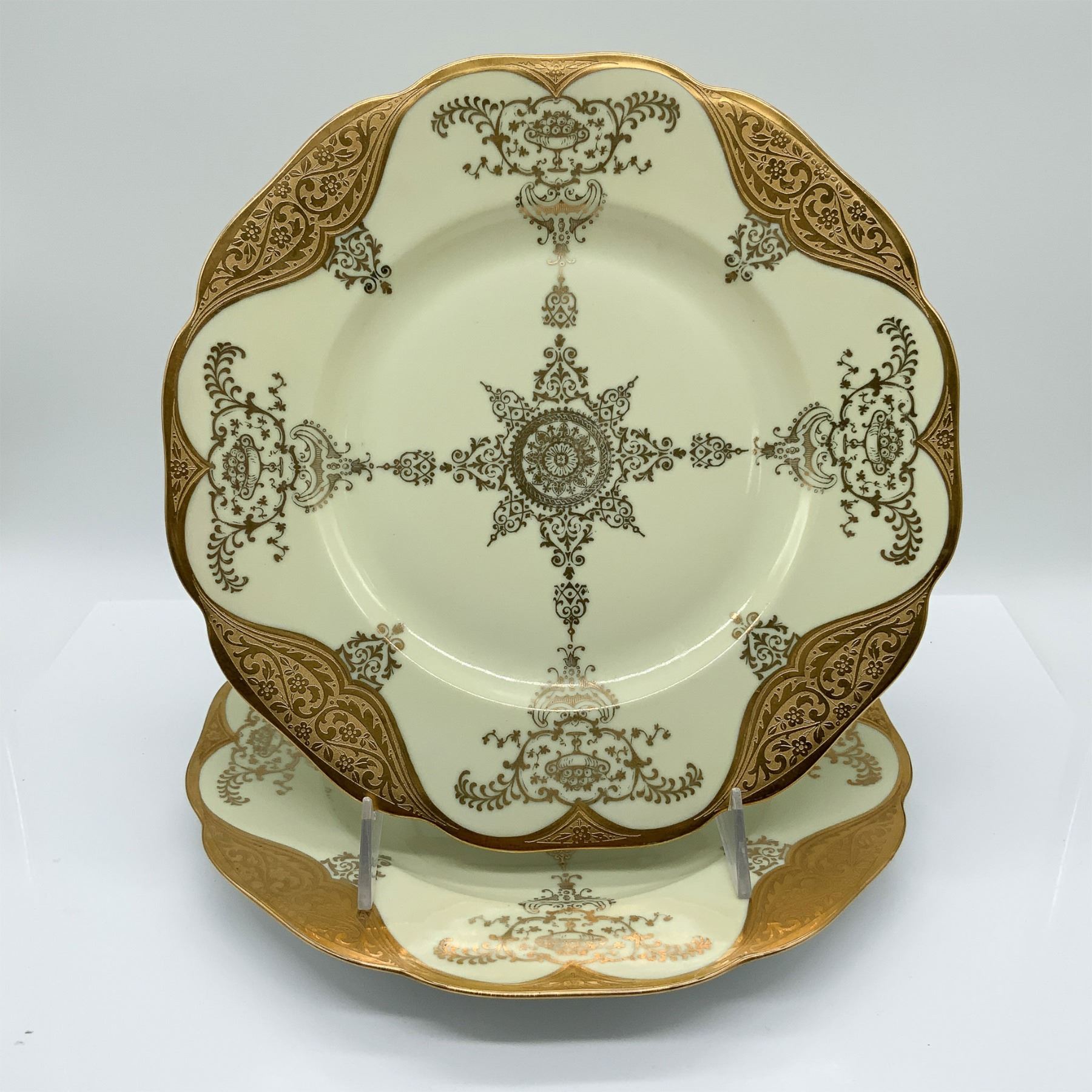 Schlaggenwald Czech Porcelain Plates, Gilded Rococo Design