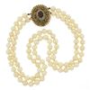 Image 3 : Vintage 14K Gold Garnet & Seed Beaded Clasp Dual Strand 7.4-7.8mm Pearl Necklace