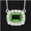 Image 6 : NEW Plat. 18k Gold GIA Cushion Tsavorite Solitaire Diamond Halo Pendant Necklace