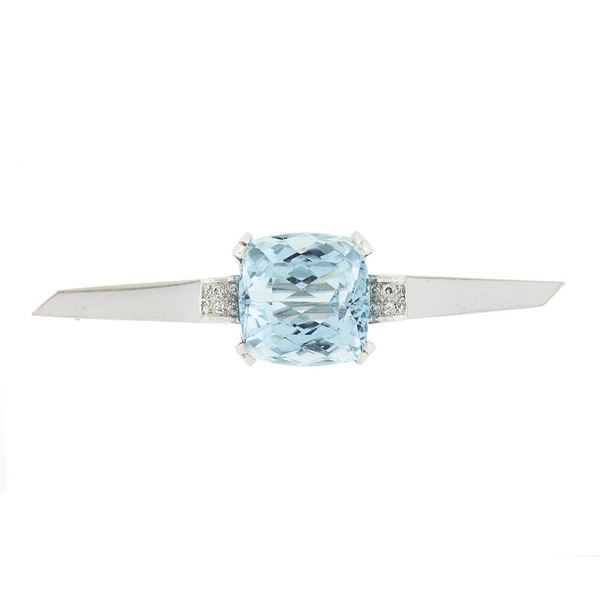 Vintage 14k White Gold Cushion Cut Blue Topaz & Diamond Unique Bar Pin Brooch