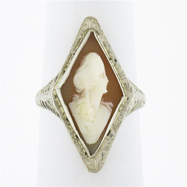 Antique Art Deco 14K White Gold Lozenge Shape Carved Shell Cameo Filigree Ring