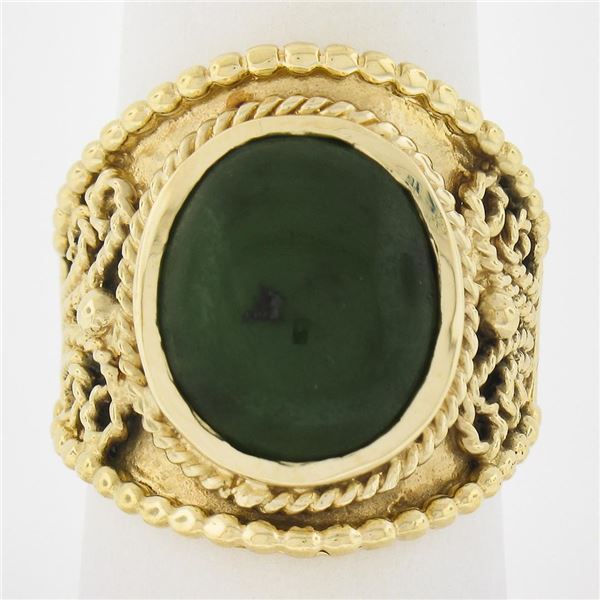 Vintage 14k Yellow Gold Oval Cabochon Cut Jade Twisted Wire Wide Cigar Band Ring