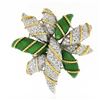 Vintage 18K TT Gold 1.20 ctw Pave Diamond Green Enamel Textured Flower Brooch Pi