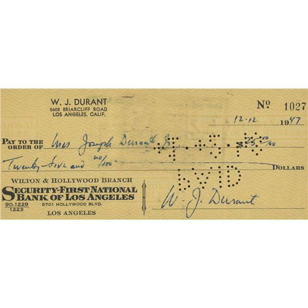 The Story of Civilization Author Will Durant signed check