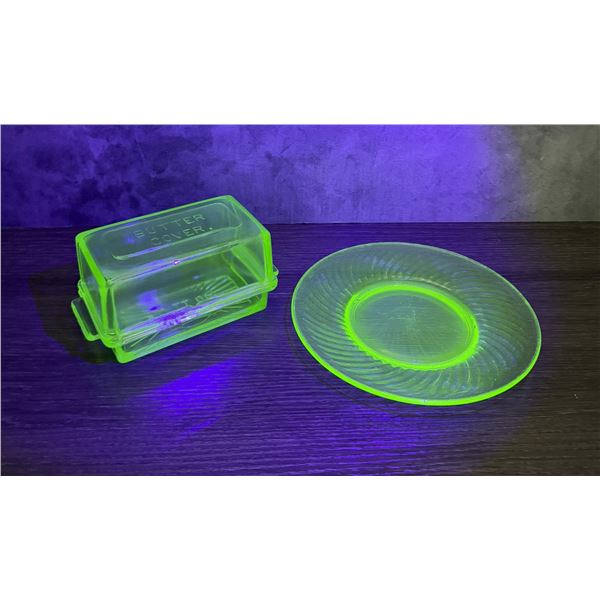 Uranium Vaseline Glass Butter Dish and Plate