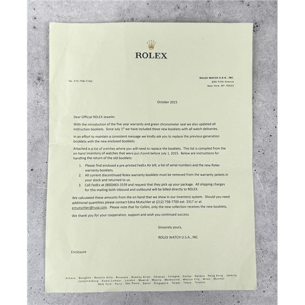 Rolex Watch Dealer Warranty Booklet Letter