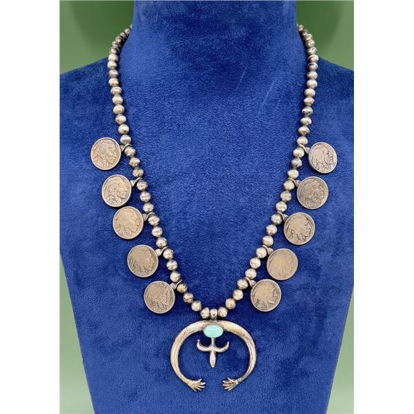 Old Pawn Navajo Coin Squash Blossom Necklace