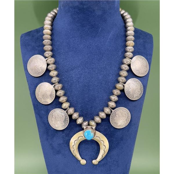 Old Pawn Navajo Coin Squash Blossom Necklace