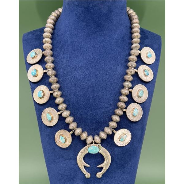 Old Pawn Navajo Coin Squash Blossom Necklace
