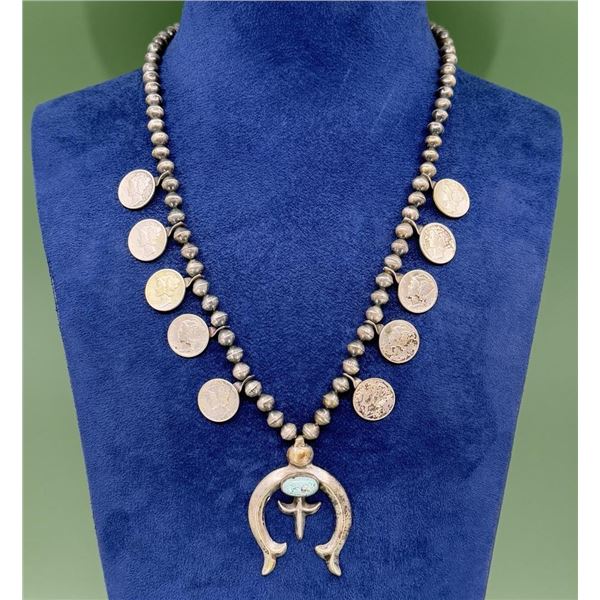 Old Pawn Navajo Coin Squash Blossom Necklace