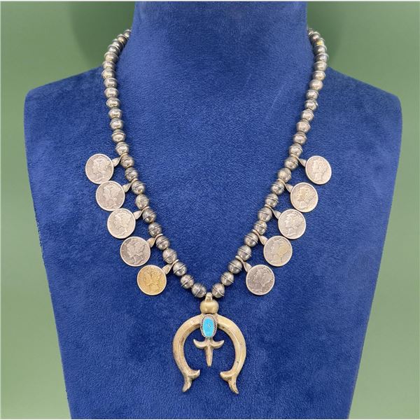 Old Pawn Navajo Coin Squash Blossom Necklace