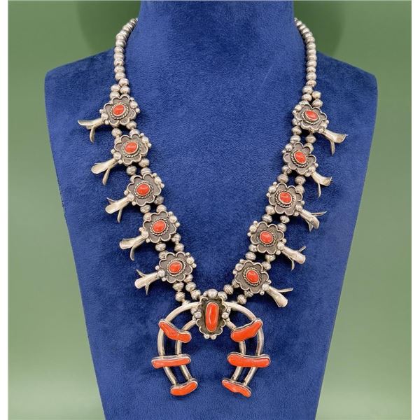 Navajo Sterling Coral Squash Blossom Necklace