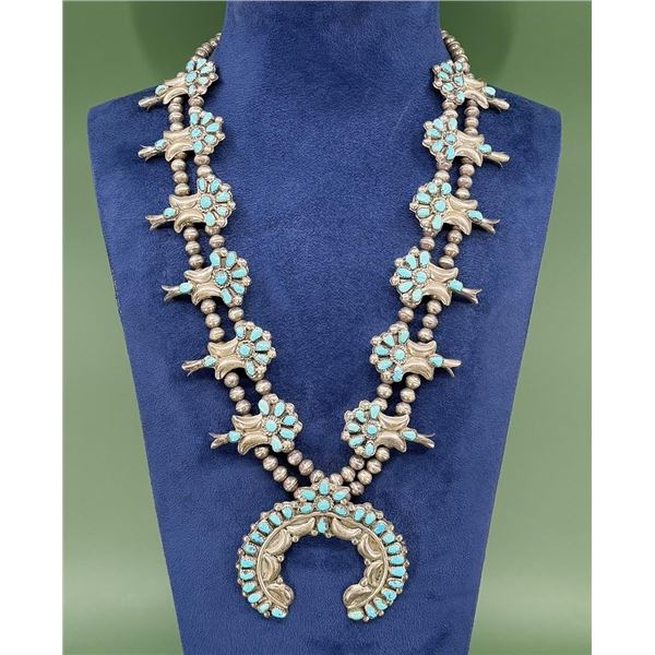 Zuni Petit Point Sterling Turquoise Squash Blossom