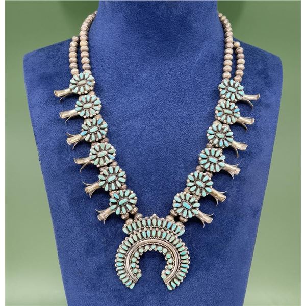 Zuni Petit Point Sterling Turquoise Squash Blossom