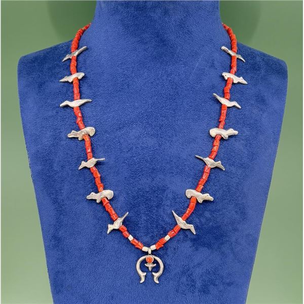 Zuni Coral Fetish Sterling Squash Blossom Necklace