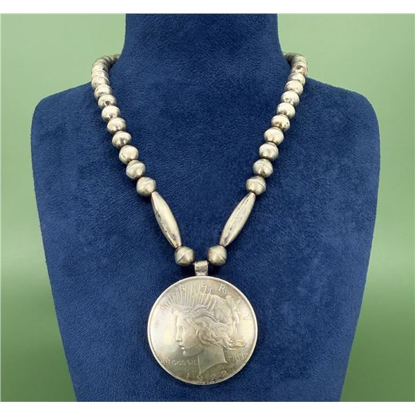 Navajo Sterling Bench Bead Peace Dollar Necklace