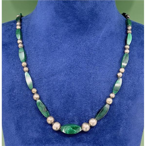 Taxco Sterling Malachite Bench Bead Necklace