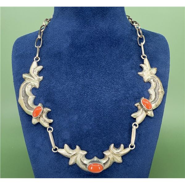 Navajo Tufa Cast Sterling Silver Coral Necklace