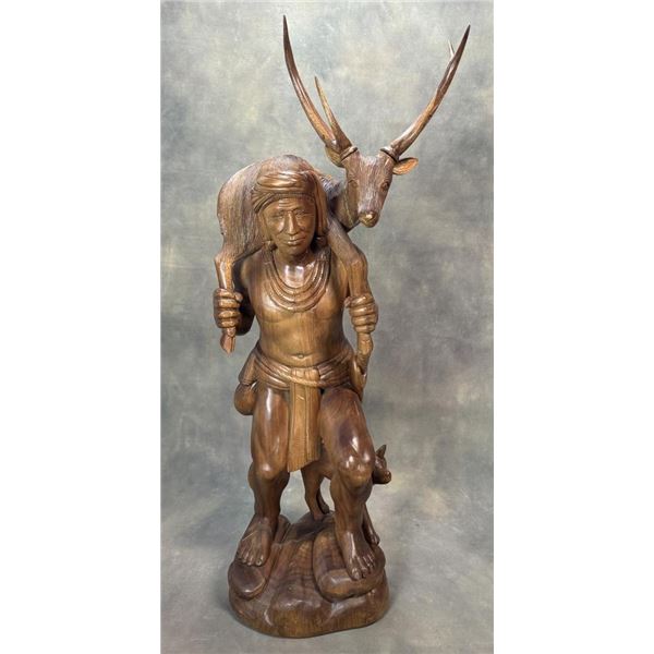 Wood Indian Holding Deer Sculpture