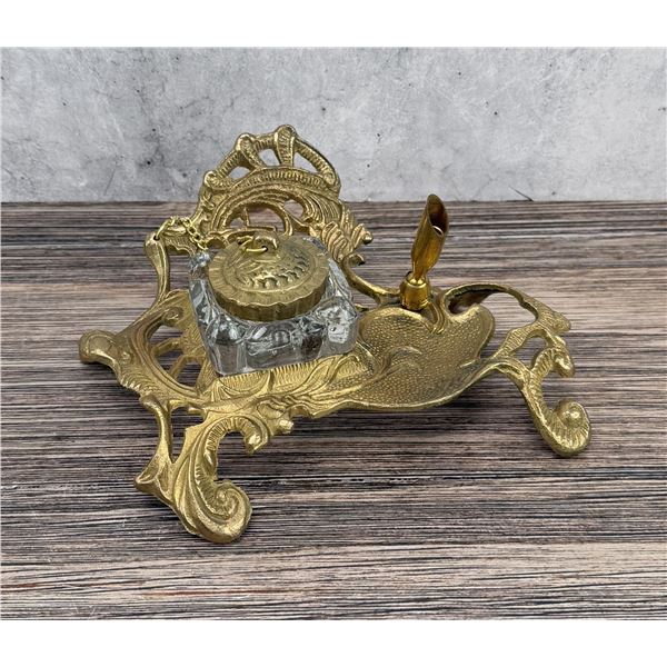 Antique Brass Inkwell Pen Stand