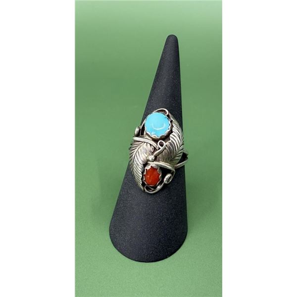 Navajo Sterling Silver Turquoise Coral Ring