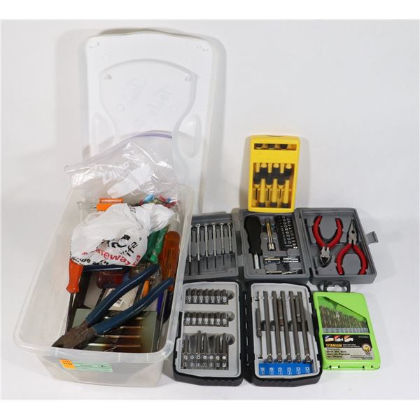 SMALL TOTE FULL OF HOUSEHOLD TOOLS INCLUDING