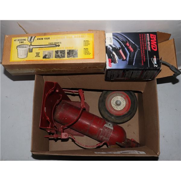 LARGE BOX OF SHOP ITEMS, FIRE EXTINGUISHER WALL