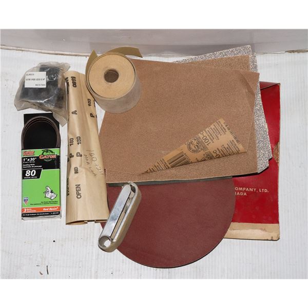 LOT OF SANDING PAPER, BELTS ETC.