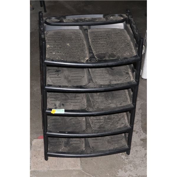 BLACK ANGLED STORAGE SHELF, UNKNOWN ORIGINAL USE