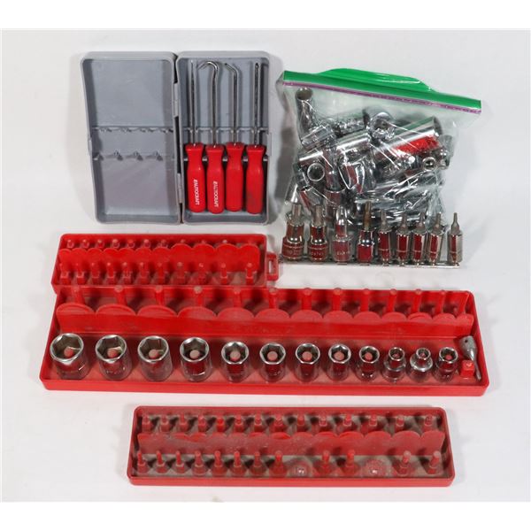 LOT OF SOCKETS, SOCKET HOLDERS, AND PICKS