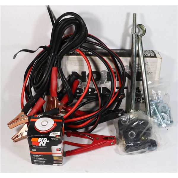 LOT OF AUTOMOTIVE PARTS WITH JUMPER CABLES AND MORE