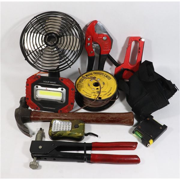 BOX OF MISC TOOLS INCLUDING RIVETER, HAMMER, SMALL