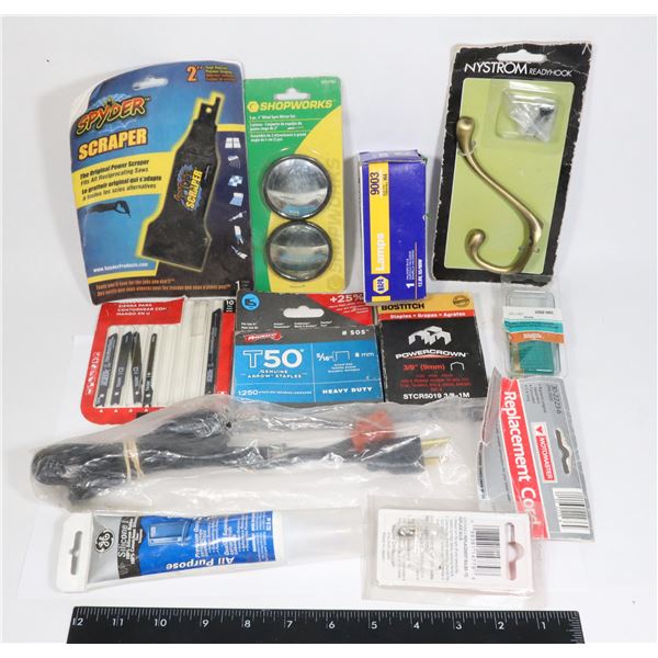 BOX OF ODDS AND ENDS, SAW BLADES, STAPLES, BULBS,