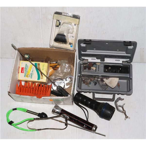 MISC. LOT OF TOOLS INCLUDES DREMEL ATTACHMENTS
