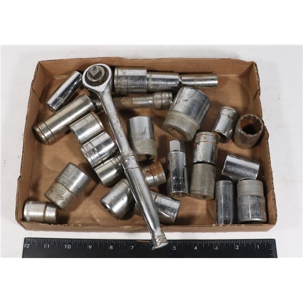 LARGE LOT OF LARGE SOCKETS AND RACKET