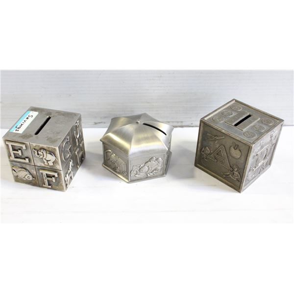 3 METAL PLATED COIN PIGGY BANK