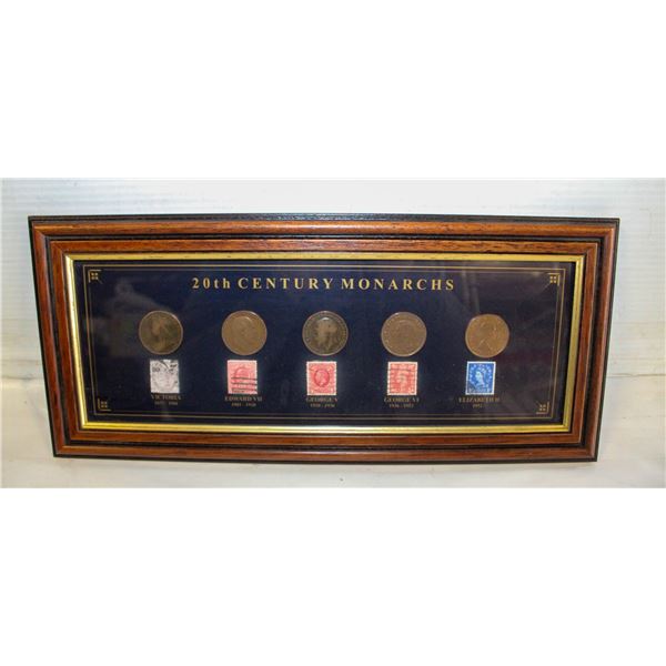 20TH CENTURY MONARCHS FRAMED COINS AND STAMPS