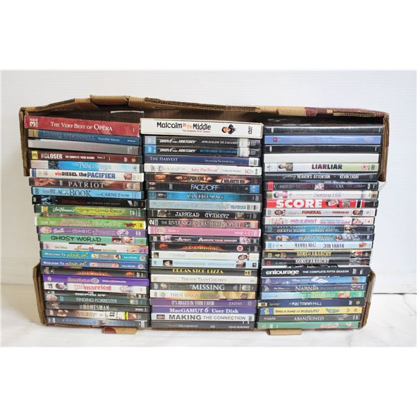 BOX OF DVDS ASST. OVER 70 TITLES