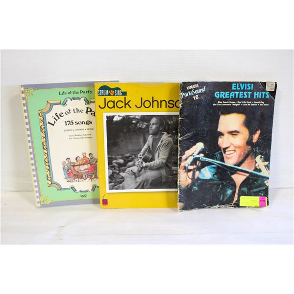 3 SONG BOOKS INCLUDING ELVIS, JACK JOHNSON,