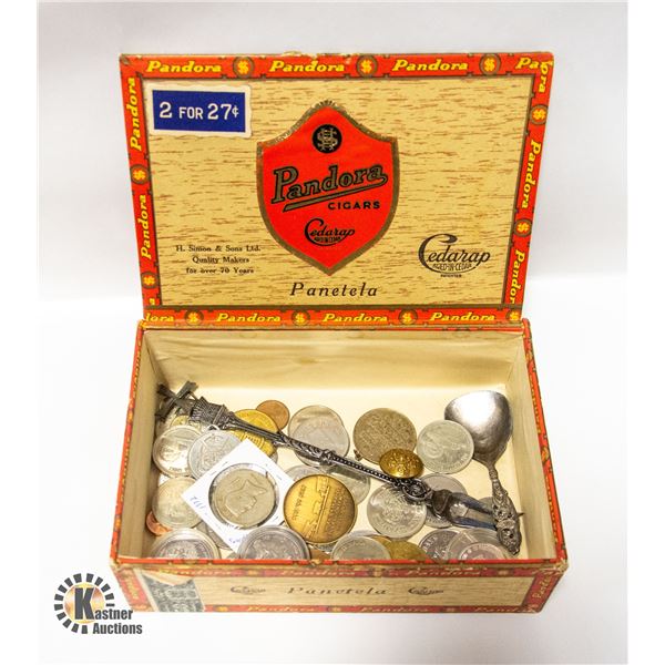 ESTATE VINTAGE CIGAR BOX COINS & SOUVENIERS