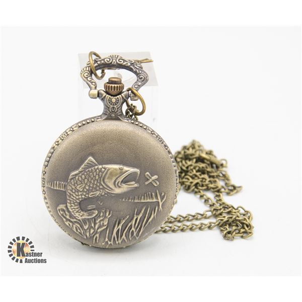 #2204-NEW POCKET WATCH BRONZE TONE WITH FISHING